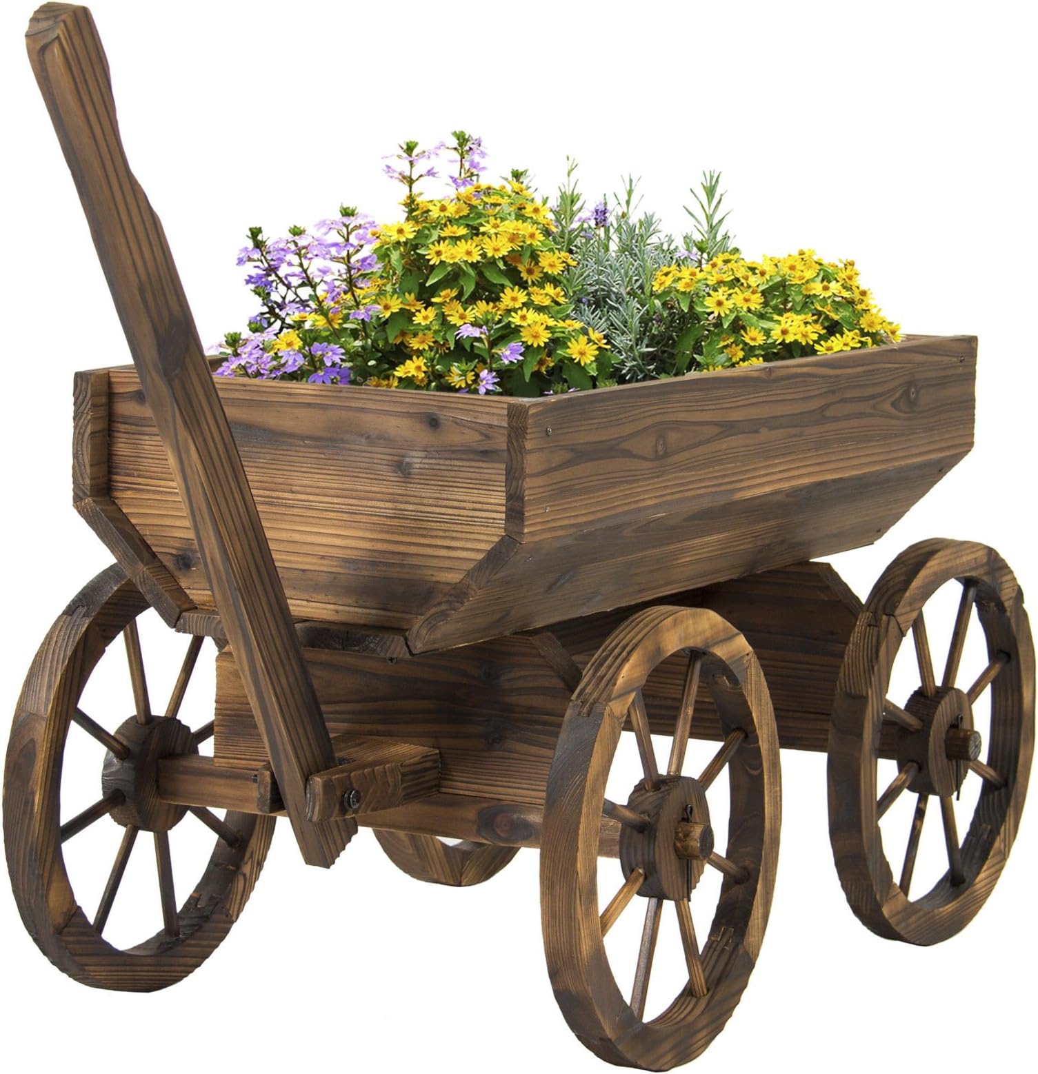 Garden Wood Wagon Flower Planter Pot Stand With Wheels Home Outdoor Decor