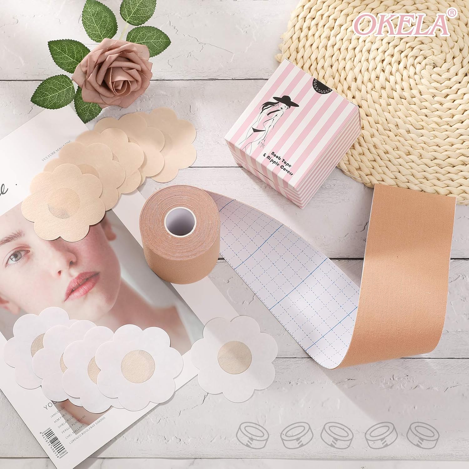 Boob Tape and 10 Pcs Petal Backless Nipple Cover Set, Breathable Breast Lift Tape Athletic Tape with Breast Petals Disposable Adhesive Bra for A-E Cup Large Breast…: Health & Personal Care