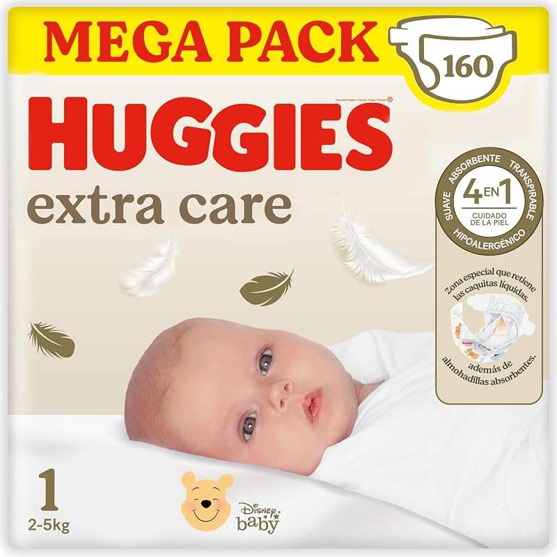 Extra Care Pañales para Recién Nacido con diseños Disney Talla 1 (2-5 kg)160 pañales, con almohadillas suaves y 2 zonas absorbentes