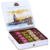 Cerez Pazari Turkish Delight In 4 Flavours, With Pistachio, Hazelnut &amp; Walnut, Assorted Gourmet Lokum In Elegant Tin Gift Box, Sweet Traditional Soft Candy Dessert 25 Pcs, 1.1 lb (500g)