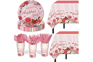 CHILDOM Mothers Day Decorations for Party,132 Pcs Disposable Mothers Day Plates Tablecloth Cups Knives Spoons Forks for Party Supplies,Plates Tableware for Mom,Mother's Birthday,Home,Brunch,Dinner,Serves 26
