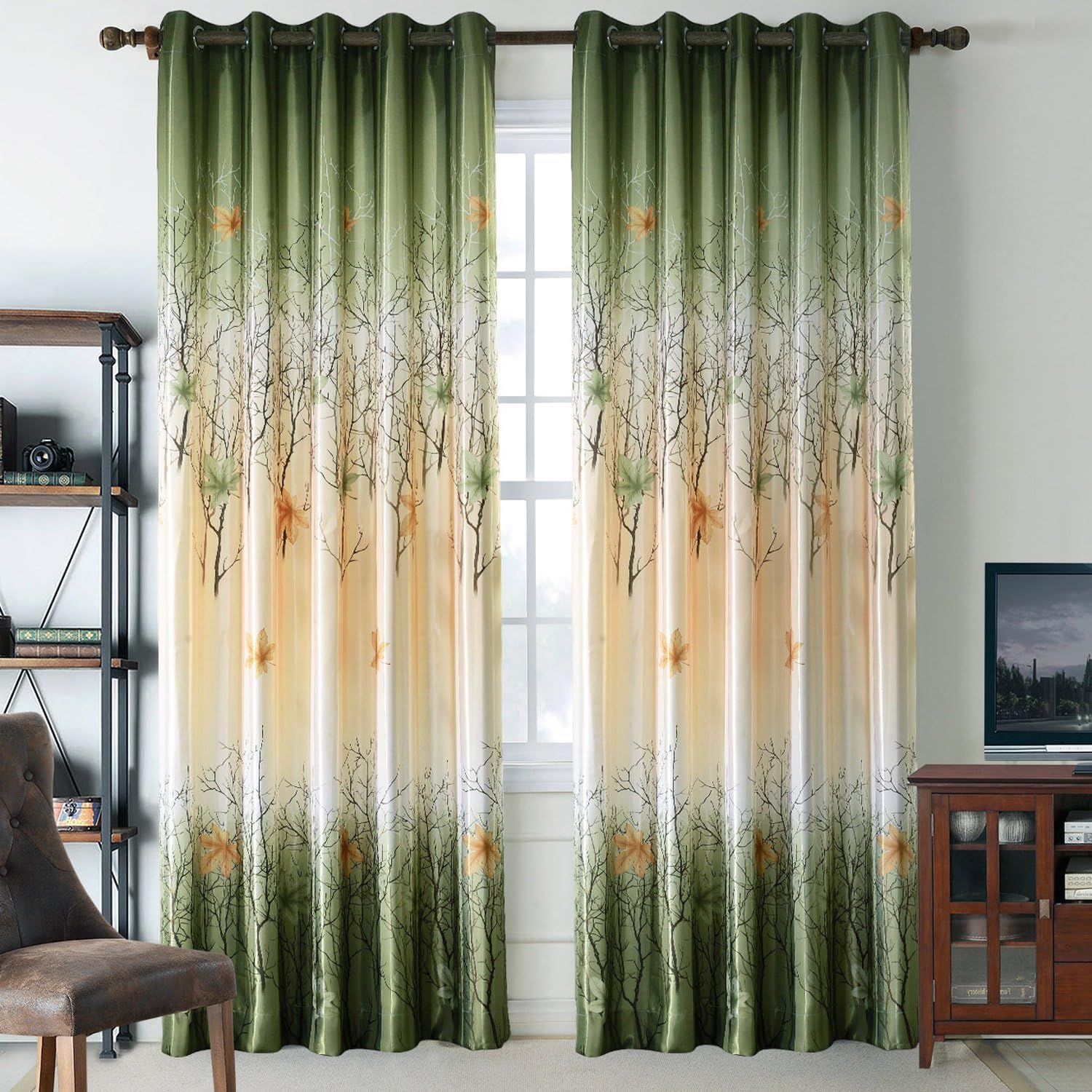 Anady Top Set of 2 Panels/Pair Drapes Polyester Green Abstract Forest and Yellow Maple Leaves Print Window Curtains Grommet Top,50W by 84L-Inches Each Panel