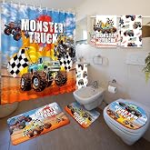 Nuanchu 6 Pcs Monster Truck Shower Curtain Set with Rug Bathroom Sets | Boys Monster Truck Bathroom Decor with Shower Curtain Bath Mat U Shaped Mat Toilet Lid Cover 2 Bath Towels and 12 Hooks
