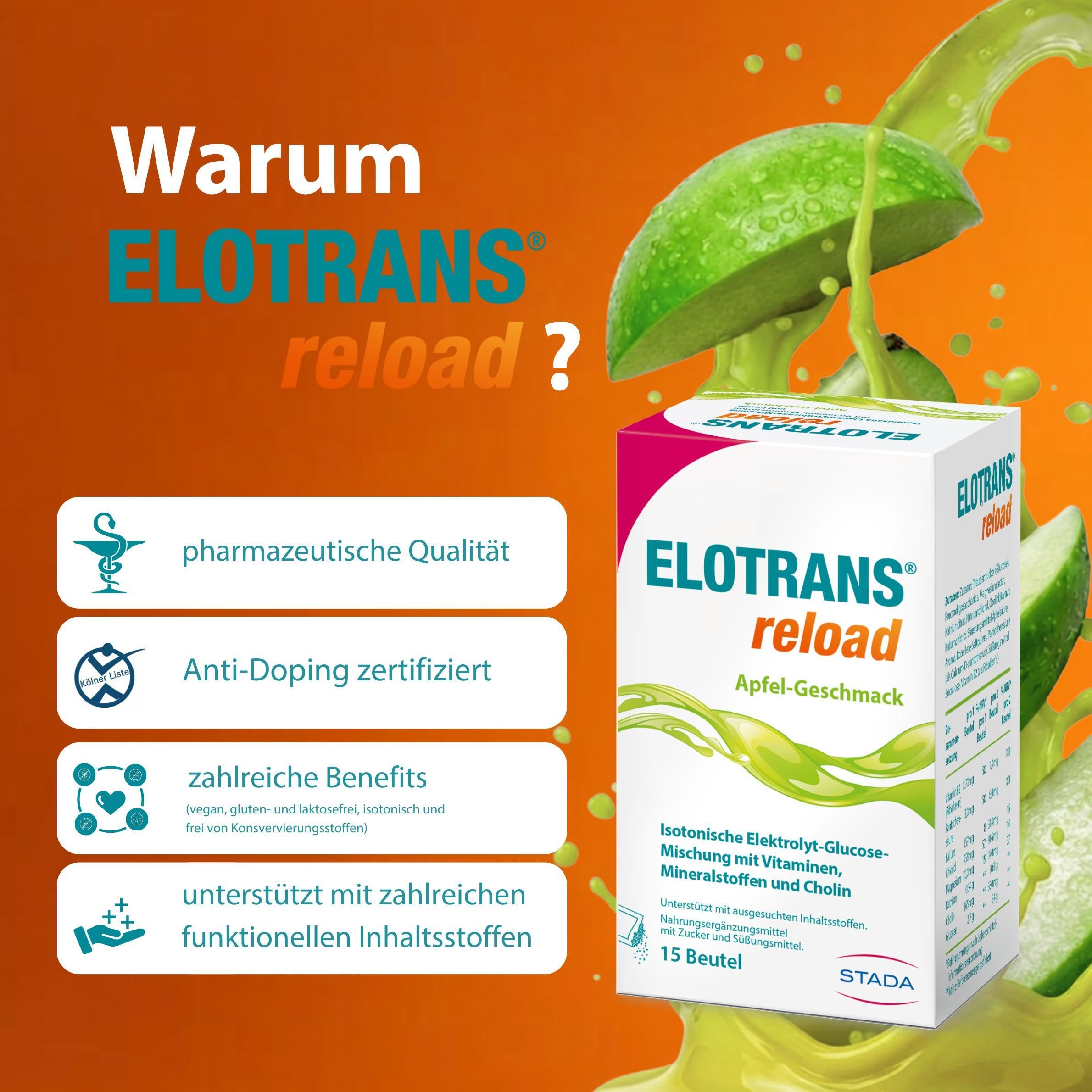 ELOTRANS reload - isotonische Elektrolyt-Glucose-Mischung - Nahrungsergänzungsmittel mit Magnesium, Kaliumchlorid, Cholin und B-Vitaminen - 1 x 25 Beutel - Apfel-Geschmack 6