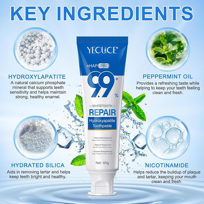 Hydroxylapatite Dentifrice à 9,9% Lot de 2, Dentifrice à L'hydroxyapatite Nano Sans Fluor, Aide à Reminéralisation, Protège L'émail, Soulage la Sensibilité, Renforce Dents, Soins Buccaux Quotidiens