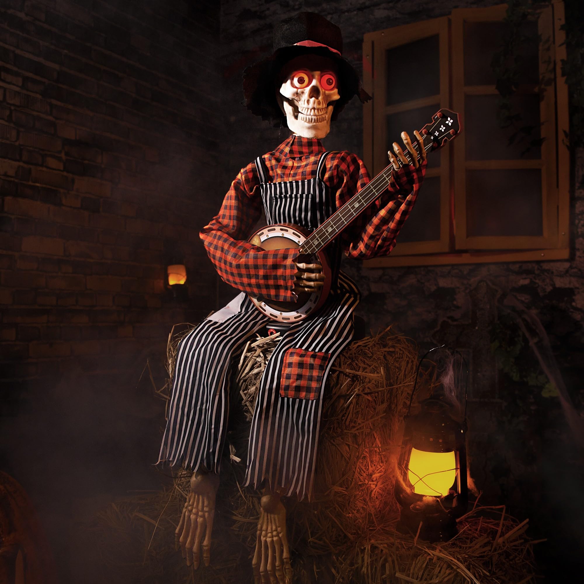 Photo 1 of *Needs Batteries* Halloween Animatronics Banjo Skeletons Decorations, Animated Skull with Sound Activated, Funny Voice, Light Up Eyes, Playing Musical Halloween Prop Decor for Indoor, Outdoor, Yard Lawn