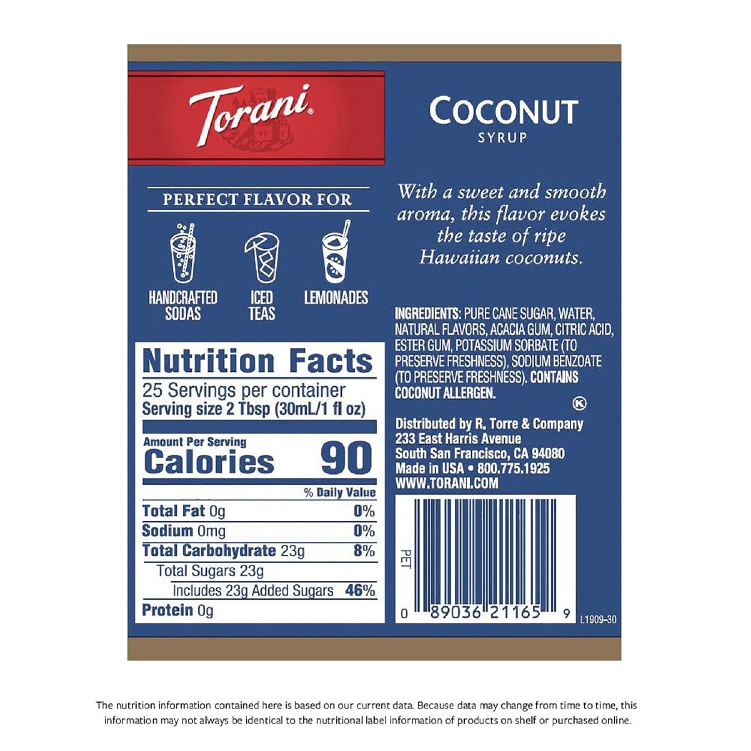 Amazon Com Torani Syrup Coconut 25 4 Ounces Coconut Produce