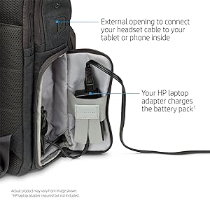 An HP laptop adapter is needed to charge the battery pack