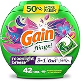 Gain Flings Laundry Detergent Pacs, 42 Count, Moonlight Breeze Scent, 3 in 1 HE Detergent Pacs with Oxi Boost and Febreeze