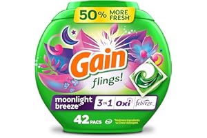 Gain Flings Laundry Detergent Pacs, 42 Count, Moonlight Breeze Scent, 3 in 1 HE Detergent Pacs with Oxi Boost and Febreeze