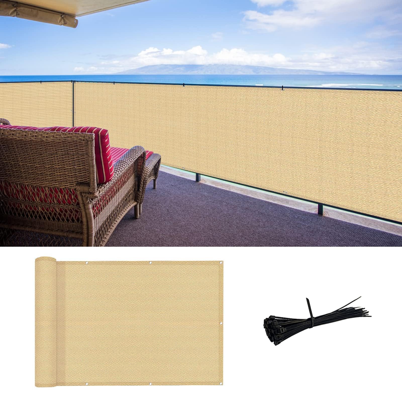 Photo 1 of SUNLAX 3'x16' Sand Balcony Privacy Screen Fence Windscreen Cover Fabric Shade Netting Mesh Cloth with Grommets UV Protection for Patio, Backyard, Porch, Railing Shield 90% (We Make Custom Sizes)