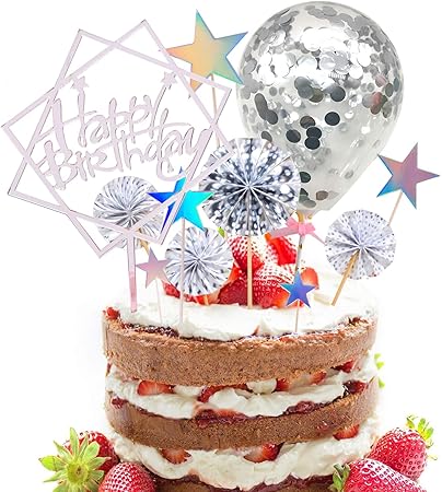 Amazon シルバーハッピーバースデー ケーキトッパー 13個セット アクリルグリッター 紙吹雪バルーン スターペーパーファン カップケーキケーキ デコレーション 男の子 女の子 男性 女性 誕生日パーティー用品 アクリルトッパー ランダム 風船 バルーン おもちゃ