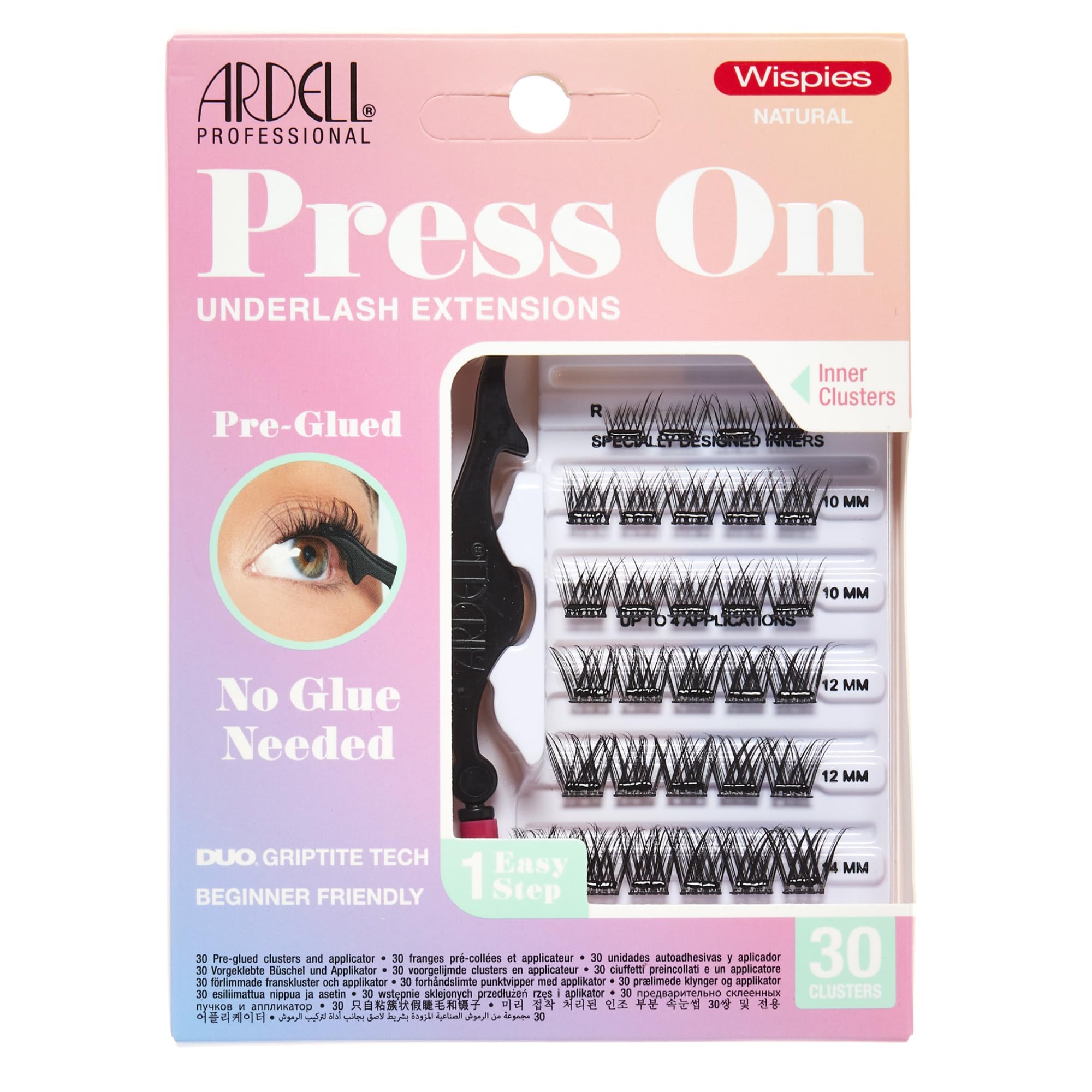Ardell Press On Pre-Glued Underlash Eyelash Extensions, Wispies Natural Cluster Lashes Kit, Beginner-Friendly DIY Lash Extension Kit with Applicator, Assorted Lengths, 30 Lash Clusters
