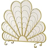 MyGift 38 x 32 Inch Peacock Feather Brass-Tone Metal Fireplace Screen, Freestanding Decorative Mesh Fire Guard with Curved Le