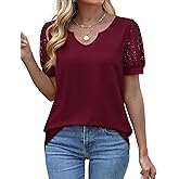 OFEEFAN Womens Tshirts Notch Neck Tops Lace Short Sleeve Tops Dressy Casual Blouses Loose Fit