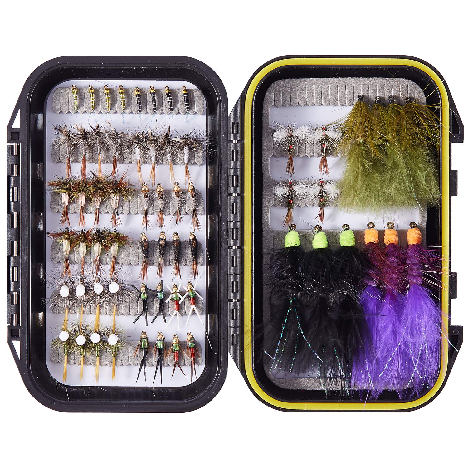Bassdash Fly Fishing Lures Kit with Box Nymph Beadhead Wet Fishing Dry Flies for Trout Bass Salmon (62pcs barbed trout/steelhead/salmon flies)