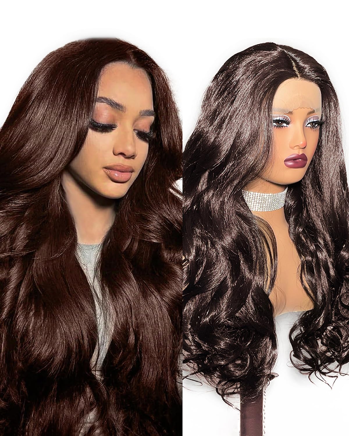 Photo 1 of 13x4 Body Wave Lace Front Wigs Synthetic Brown Wig Pre Plucked 180% Density HD Transparent Lace Frontal Wigs for Women 30 Inch Wear and Go Glueless Wigs with Baby Hair Daily Party Use Loose Wavy Wig