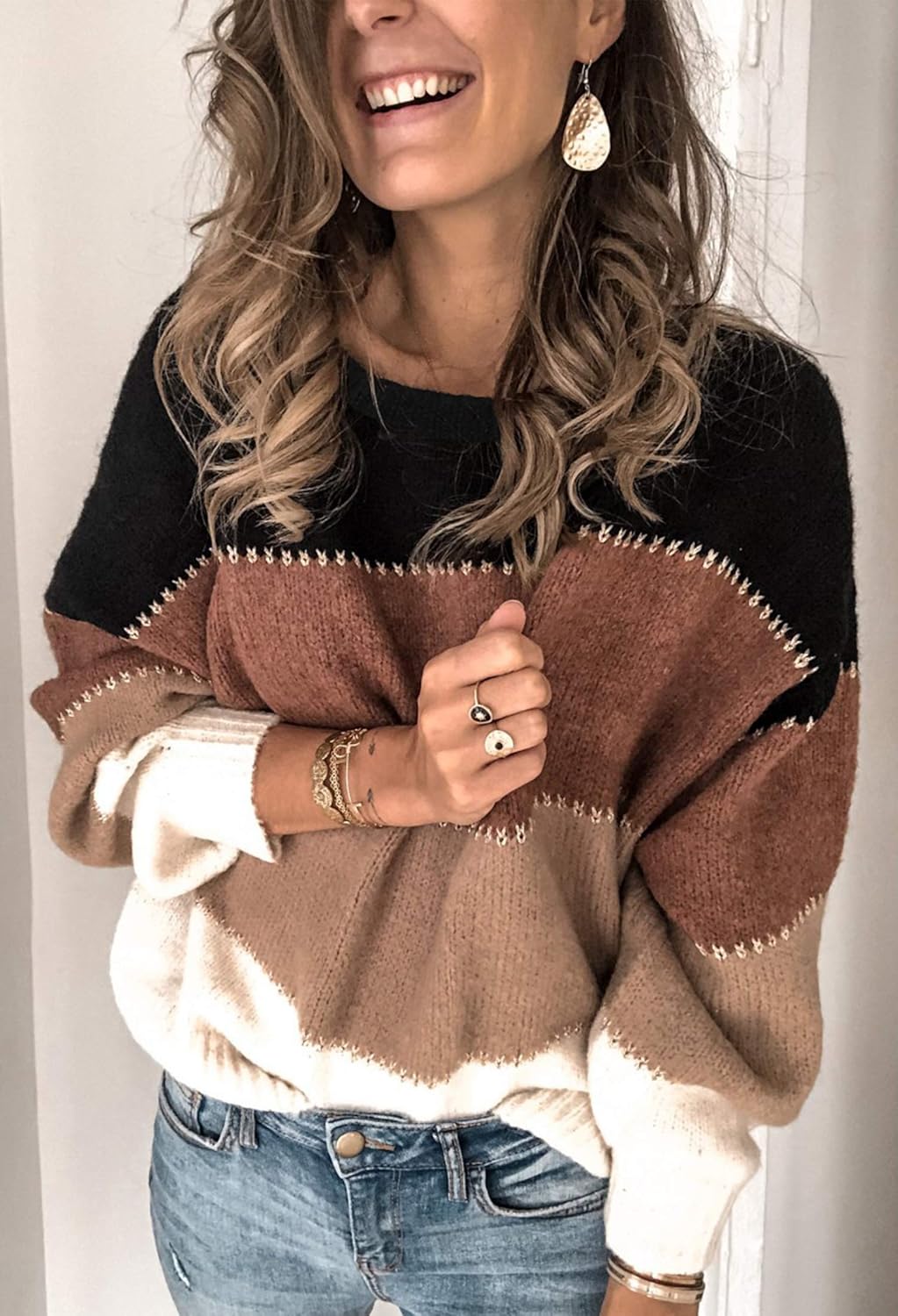 Angashion Women's Sweaters Casual Long Sleeve Crewneck Color Block Patchwork Pullover Knit Sweater Tops: Clothing