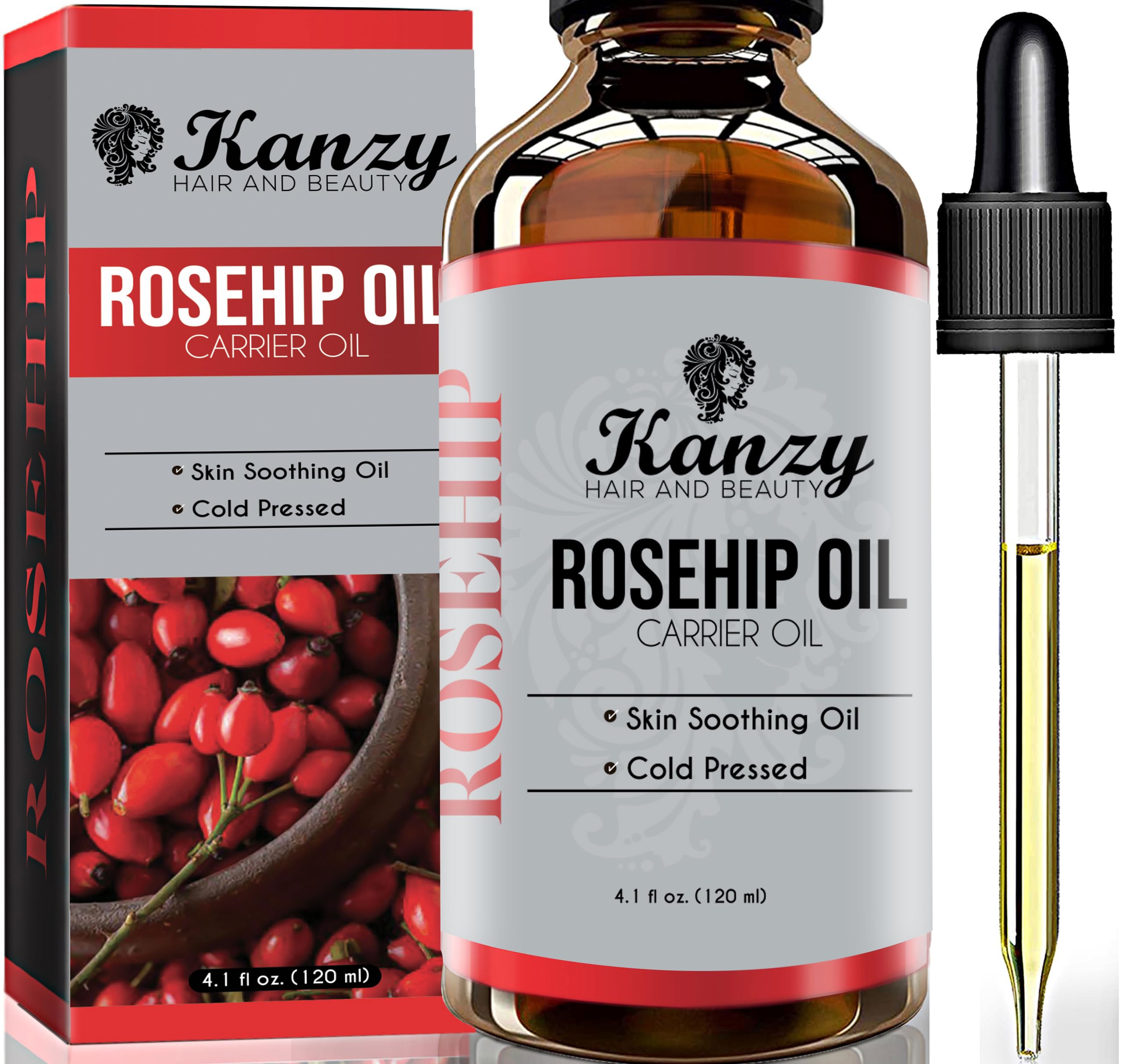 Kanzy Rosehip Oil for Face 120ml Rosehip Oil Cold Pressed Rose Hip Oil for Face 100% Pure Vegan Cruelty Free for Skin, Hair, Nails, and Body for Nourishment, Dryness, Fine lines and Scars
