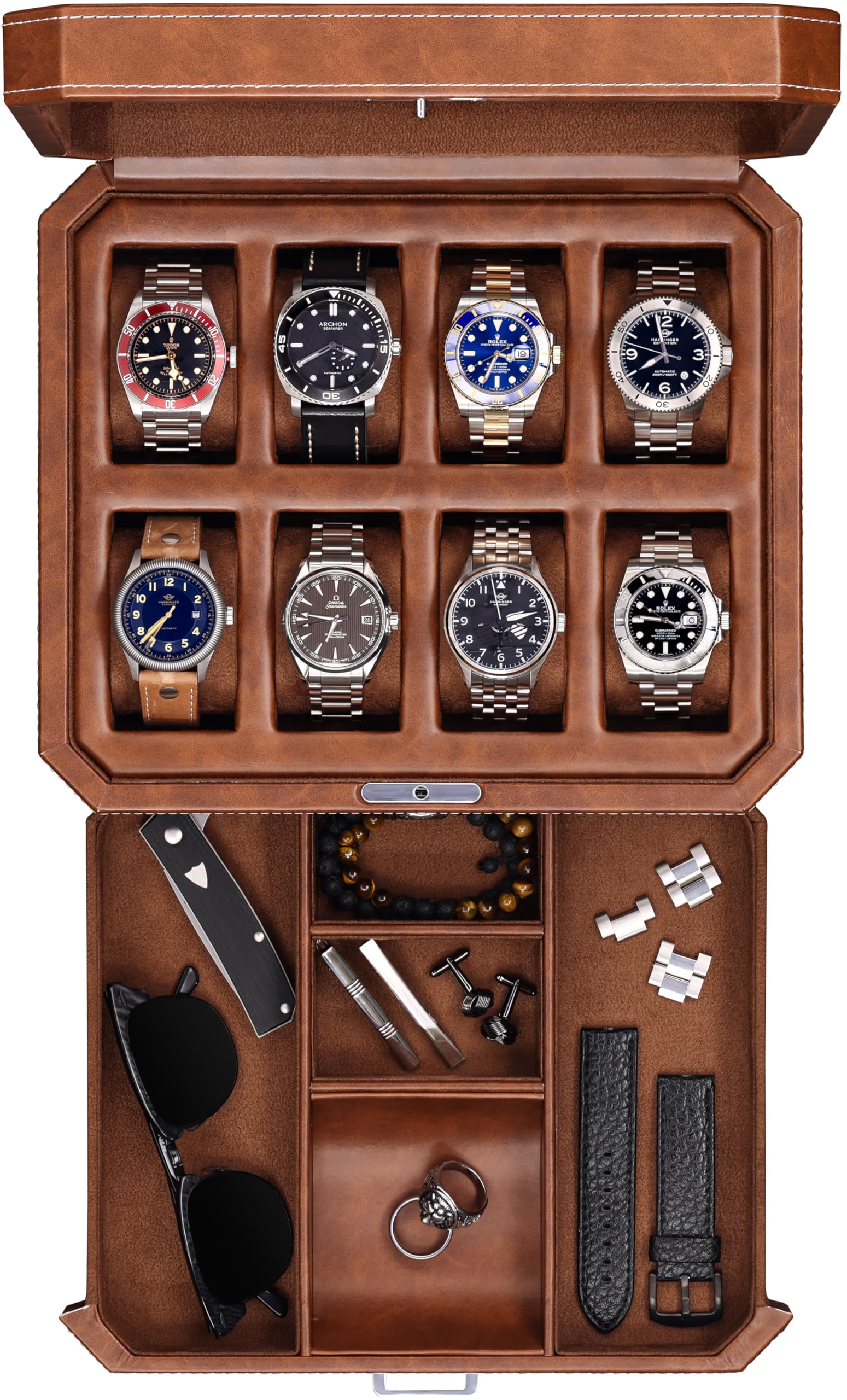 Photo 1 of ROTHWELL 8 Slot Leather Watch Box with Valet Drawer - Luxury Case Display Jewelry Organizer, Locking Display Case Holder, Real Glass Top - Watch Box Organizer for Men & Women (Tan/Brown)