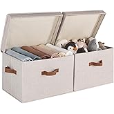 StorageWorks Fabric Storage Bins with Lid, Decorative Storage Boxes for Shelves, Stackable Closet Organizer Basket with Handles, Jumbo, Brown and Beige, 2-Pack