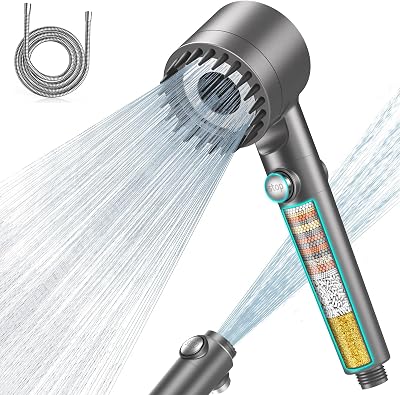 Pommeau de Douche Anti Calcaire avec 15 Étapes Filtre et avec Tuyau 1,5M, Filtre Douche 3 + 1 Types de Jets Pommeau Économie Deau Haute Pression