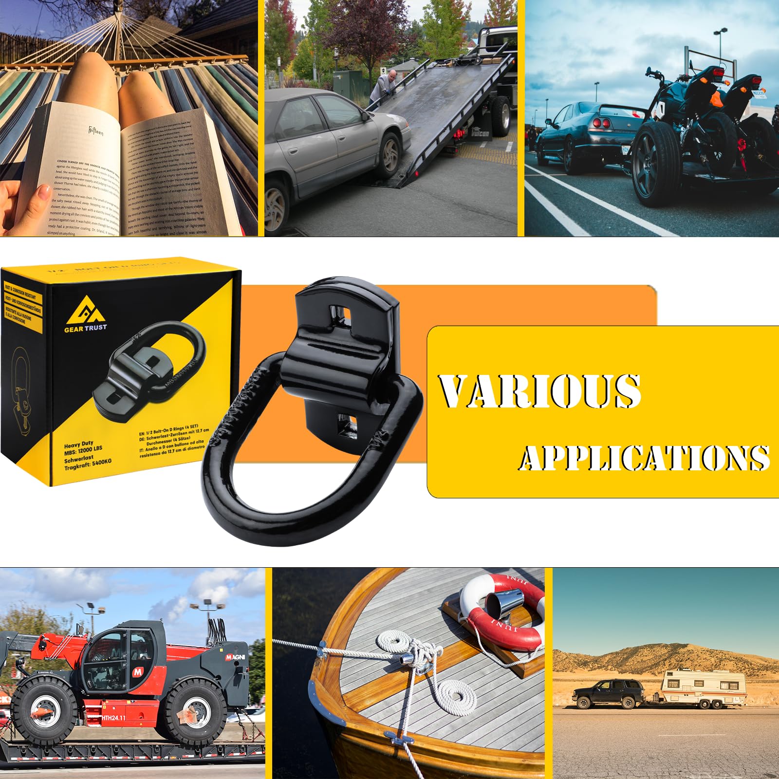 Trailer D Rings Heavy Duty Bolt-On Forged D Ring, 12000 LBS 1/2''Thick D Ring Tie Down Anchors Hooks for Truck Bed, Utility Trailers, Vans, Rvs (Pack of 4) Black