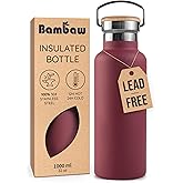 Bambaw 32 oz Water Bottle, Red Insulated Water Bottle, Large Water Bottle Insulated, Stainless Steel Water Bottle, Metal Water Bottle with Handle, 1 Liter Stainless Steel Water Bottle – Red Berry