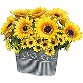Artificial Sunflower Arrangement in Metal Basket – Realistic Faux Sunflower Plant with Eucalyptus Leaves and Mini Flowers, Artificial Flowers Table Centerpiece Décor, 11" Tall