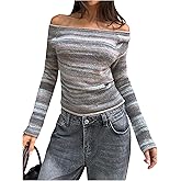GORGLITTER Women's Off Shoulder Cropped Sweater Striped Long Sleeve Knitwear Jumpers Tops
