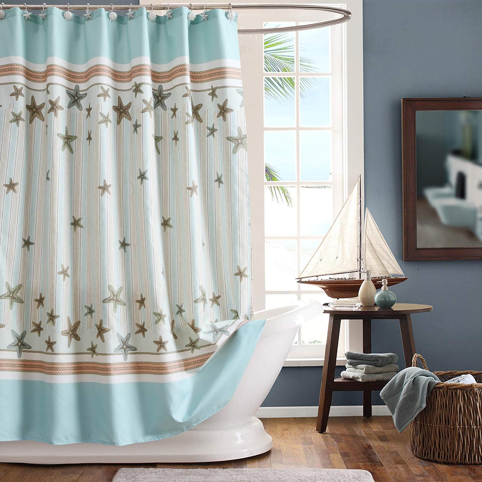 DS CURTAIN Tremiti Ocean Waterproof Fabric Seashell Printed Aqua Shower Curtian for Bathroom,72" W x Extra 78" H