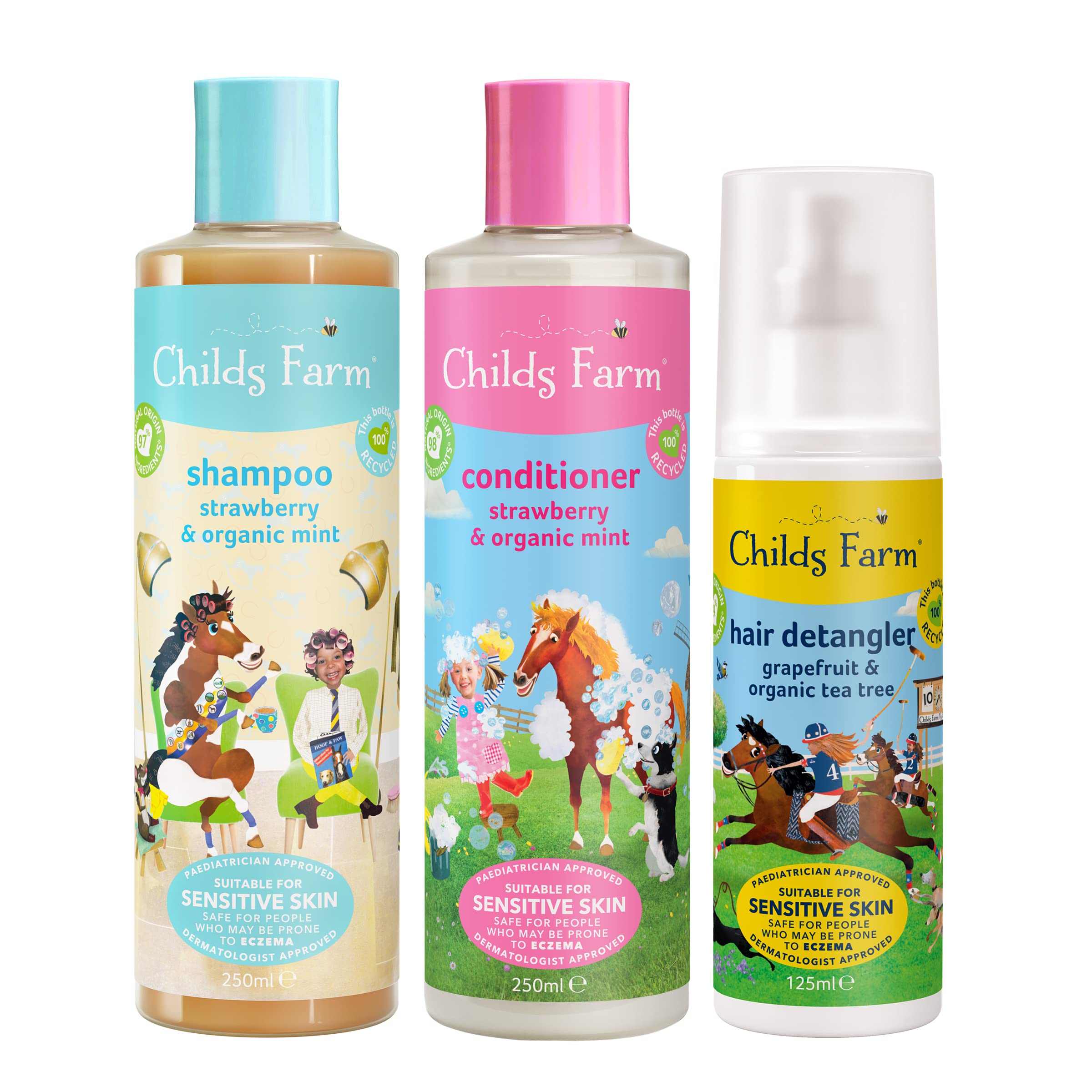 Childs Farm | Kids Hair Regime Bundle Strawberry & Organic Mint Shampoo 250ml and Conditioner 250ml & Grapefruit Tea Tree Detangler 125ml Suitable for Dry, Itchy Eczema-Prone Skin, 3 Piece Set