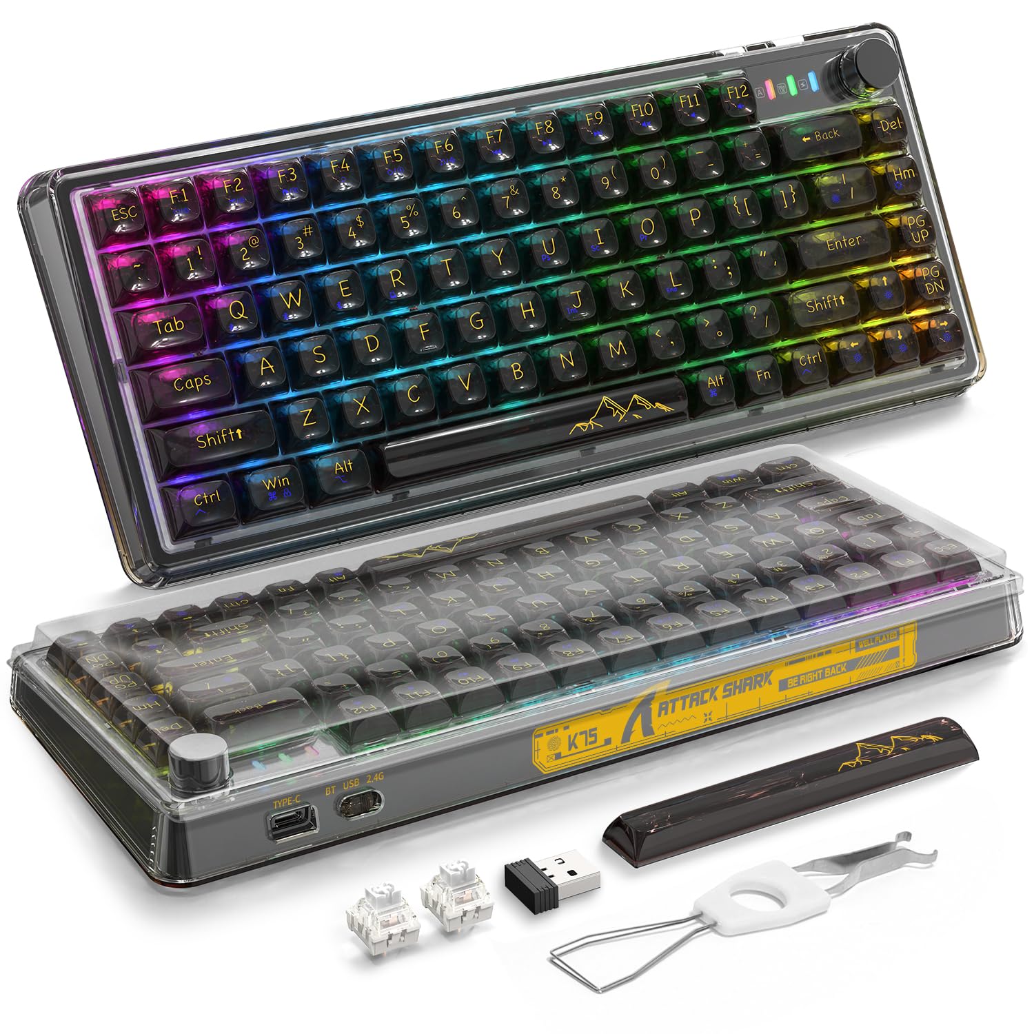 VGN GAMEPOWER K75 PRO 75% Custom Mechanical Keyboard with Knob & Transparent Keycap,Gasket Mounted TKL 82Keys Hot Swap Keyboard,Support QMK/VIA,2.4Ghz/BT5.0/USB-C Wired,Custom RGB,EVA Foam,for Win/Mac