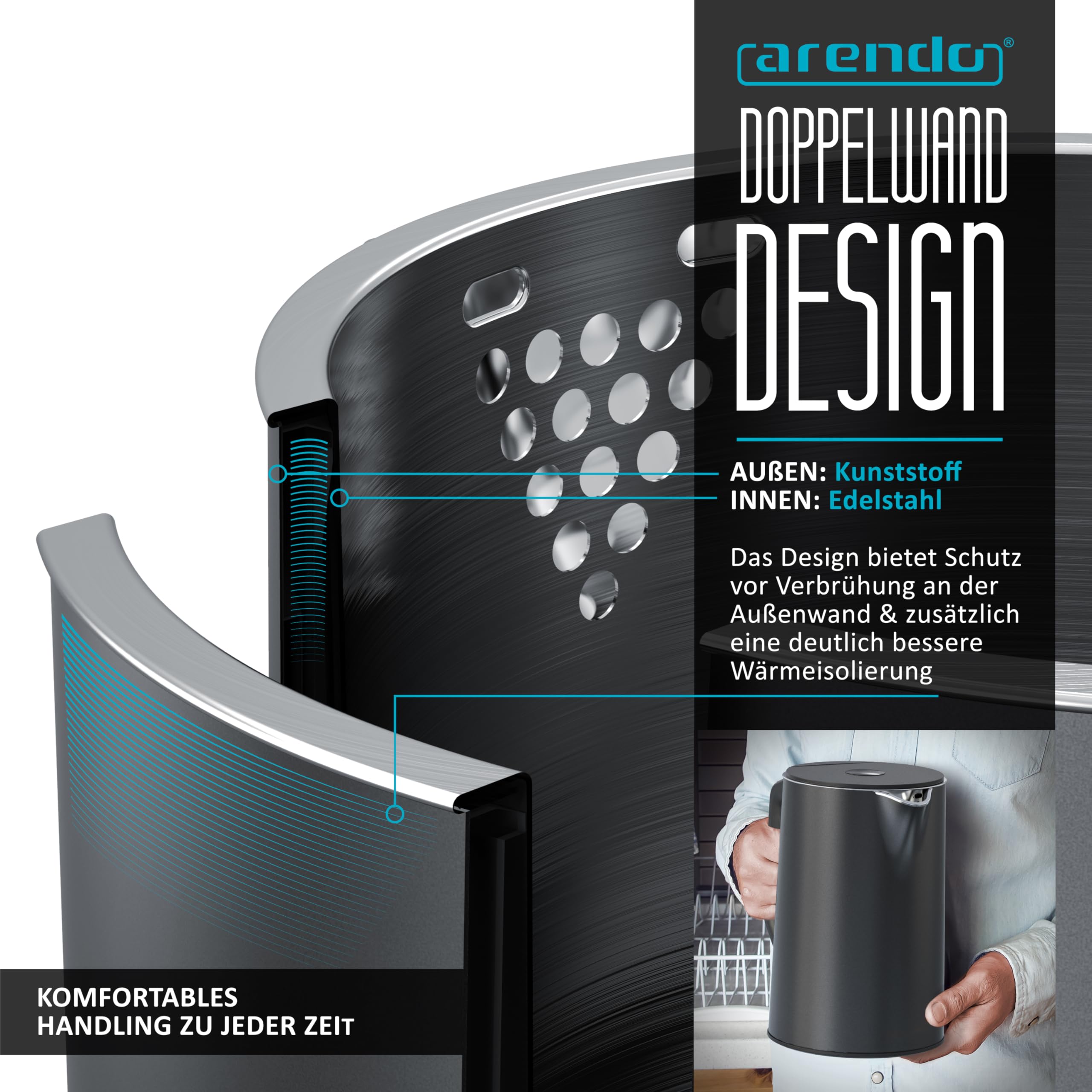 Arendo - Edelstahl Wasserkocher mit Temperatureinstellung 40-100 Grad in 5er Schritten - Doppelwand Design - Modell ELEGANT - 1,5 Liter - 2200 W - Teekocher mit Temperaturanzeige - GS - Pearl Grey 5