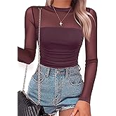 SAUNGKUAI Women's Mesh Long Sleeve Bodysuit Mock Neck Ruched Sheer Thong Body Suits Fall Outfits