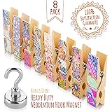 Fridge Magnets Set - 8 Strong Decorative Magnetic Clips + 1 Magnetic Hook - Display Photos & Memos On a Whiteboard, Refrigerator, Office Or Classroom In Unique & Fun Way By Treats&Smiles