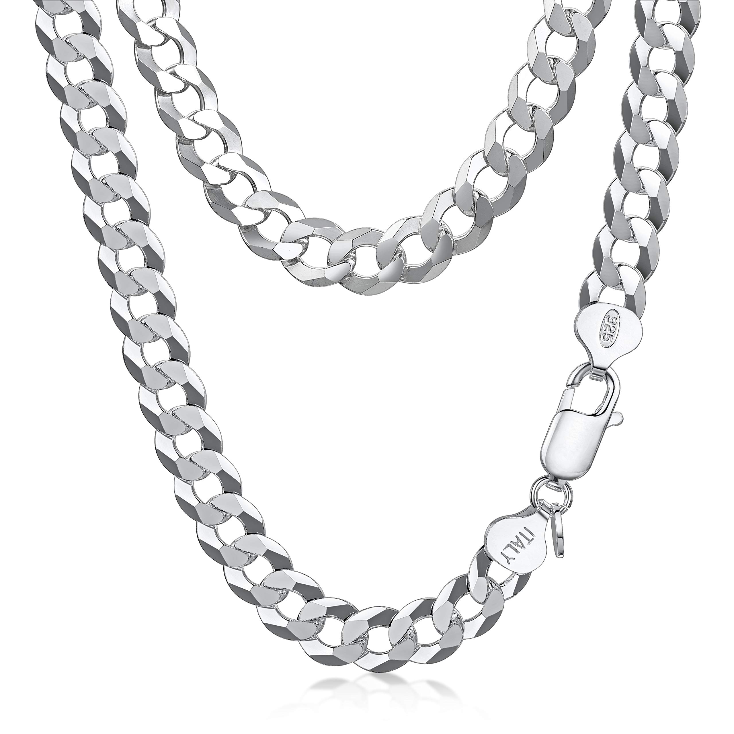 Amberta Solid 925 Sterling Silver Men Cuban Chain Necklace, Italian Miami Chunky Thick Curb Link Gift: 7.9 mm Silver Necklace for Men 20 inch