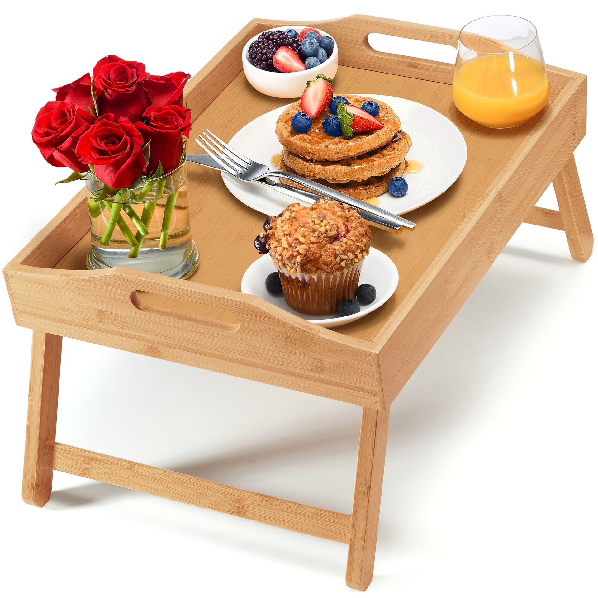 Photo 1 of Home-It Bed Table Tray with Folding Legs - Bamboo Breakfast Tray with Handles for Bed, Sofa, Eating and Laptops, Snacking and Working