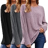 Huukeay 3 Pack Oversized Sweaters for Women Long Sleeve Tops Tunic Ribbed Fall Crew Neck Loose Fit Casual Sweatshirts