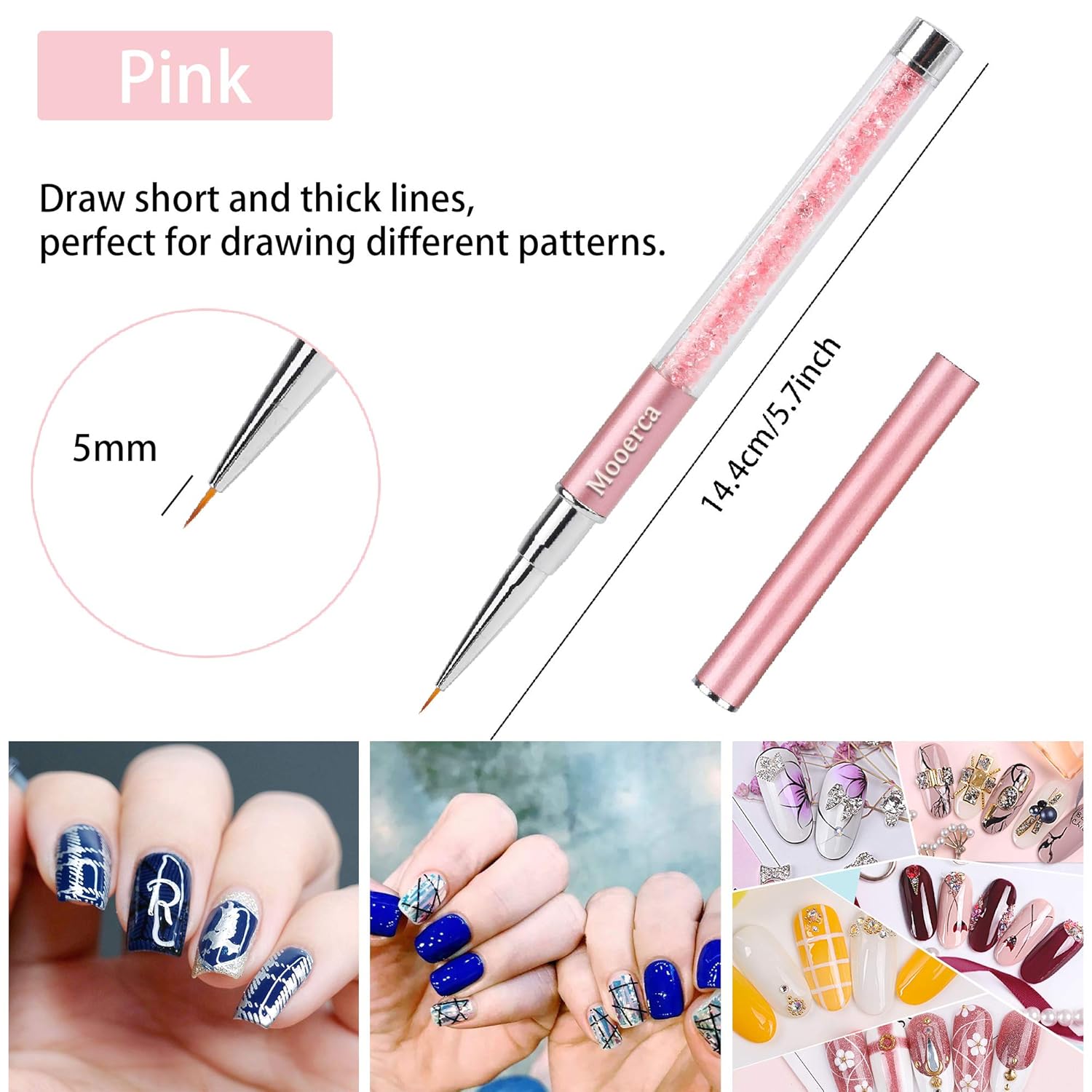 Nail Art Liner Brushes UV Gel Painting Acrylic Nail Design Nylon Brush Pen Set Metal Diamond application Rhinestone Handle Salon, Nail Dotting Painting Drawing Crystal PenSize 5/7/9/11/20mm, 5Pcs : Beauty