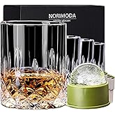 NORIMODA Whiskey Glasses Set of 4, 10oz Old Fashioned Bourbon Glasses with 4 Ice Ball Molds, Lead-free Rocks Glassware for Scotch, Liquor & Cocktails, Gift for Men