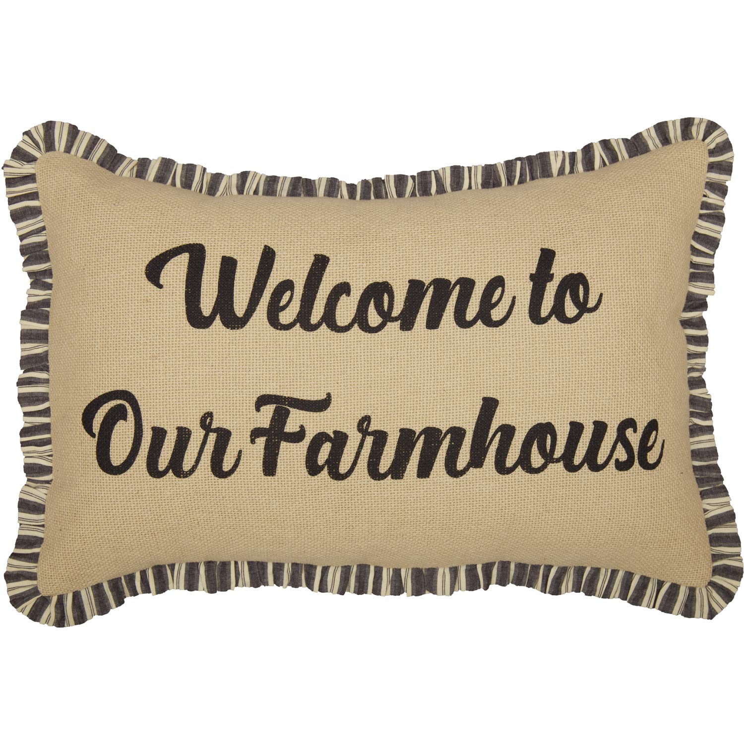 VHC Brands Ashmont Welcome to Our Farmhouse Text Cotton Burlap Thanksgiving Bedding Stenciled 22x14 Filled Pillow, Antique Creme White