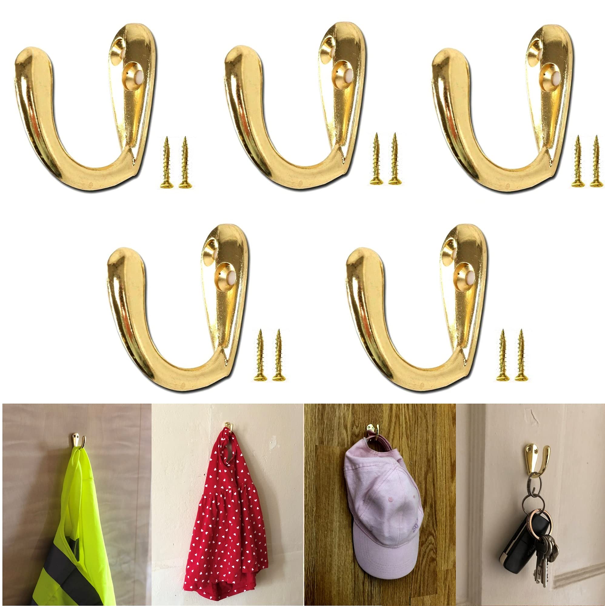 TERF® Polished Brass Single Wall Mounted & Door Hat Coat Robe Hooks for Bathroom Bedroom Kitchen Office Door Hooks with Fixing Screw - Pack of 5
