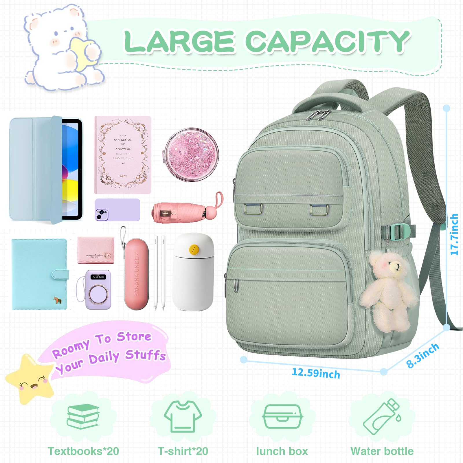 School Backpack for Kids Girls Cute Travel Backapck for College Women Men Casual Laptop Bookbag for Teen Student(Green)
