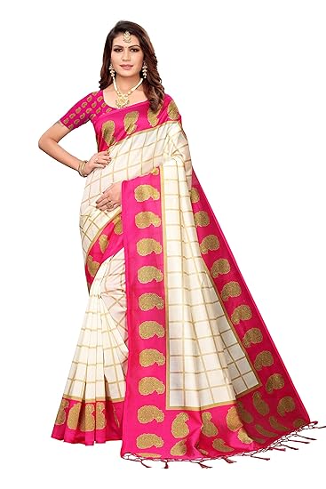 Women's Pink Color Mysore Silk Printed Saree Border Tassels With Blouse Piece(WEDDING-PATTA-PINK_Free Size)