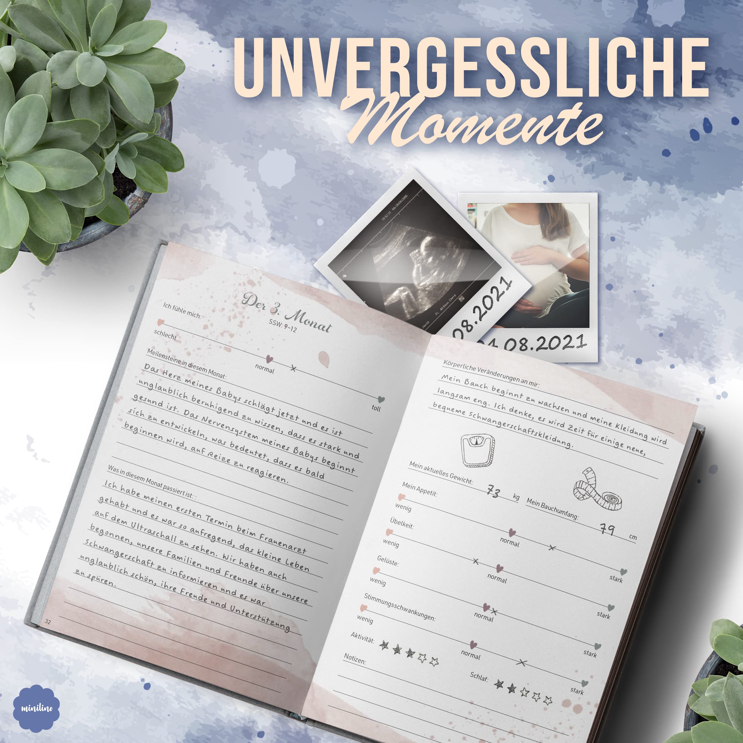 Minilino - Schwangerschaftstagebuch [ + GRATIS RATGEBER | e-book ] perfekter Begleiter der Schwangerschaft, Platz für Fotos, Gedanken & Erinnerungen - Geschenk geeignet - JOURNAL FÜR WERDENDE MÜTTER 3