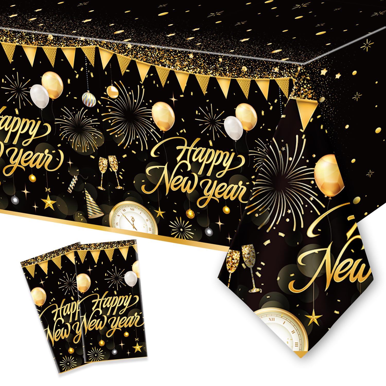Photo 1 of 2PCS New Year Tablecloth - Disposable Black Gold NYE Party Tablecloth Decorations, Rectangular Plastic Happy New Year Table Cover - NYE Theme Party Supplies - 108 x 54'