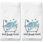 Yanhuecui Sea Turtle Hand Towels for Bathroom Decor Set of 2, Sea Turtle Gifts for Women, Hello Sweet Cheeks Cotton Embroidered Towels for Kitchen 14x30 Inches, Coastal Beach Nautical Hand Towel
