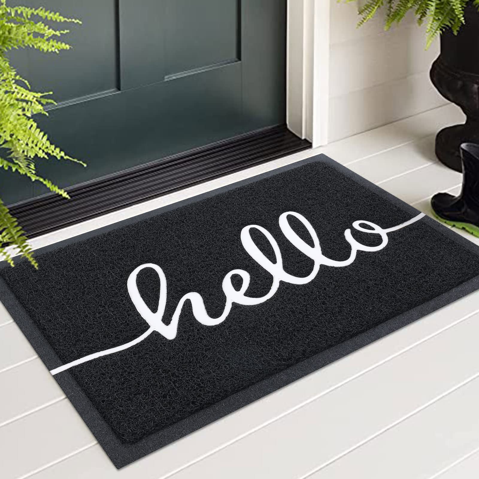 Homaxy Hello Door Mat, Dirt Trapper Doormats Non-Slip Low Profile Durable Door Mat for Outdoor, Indoor, Entrance, Patio, Front Back Door — (60 x 90cm, Black)