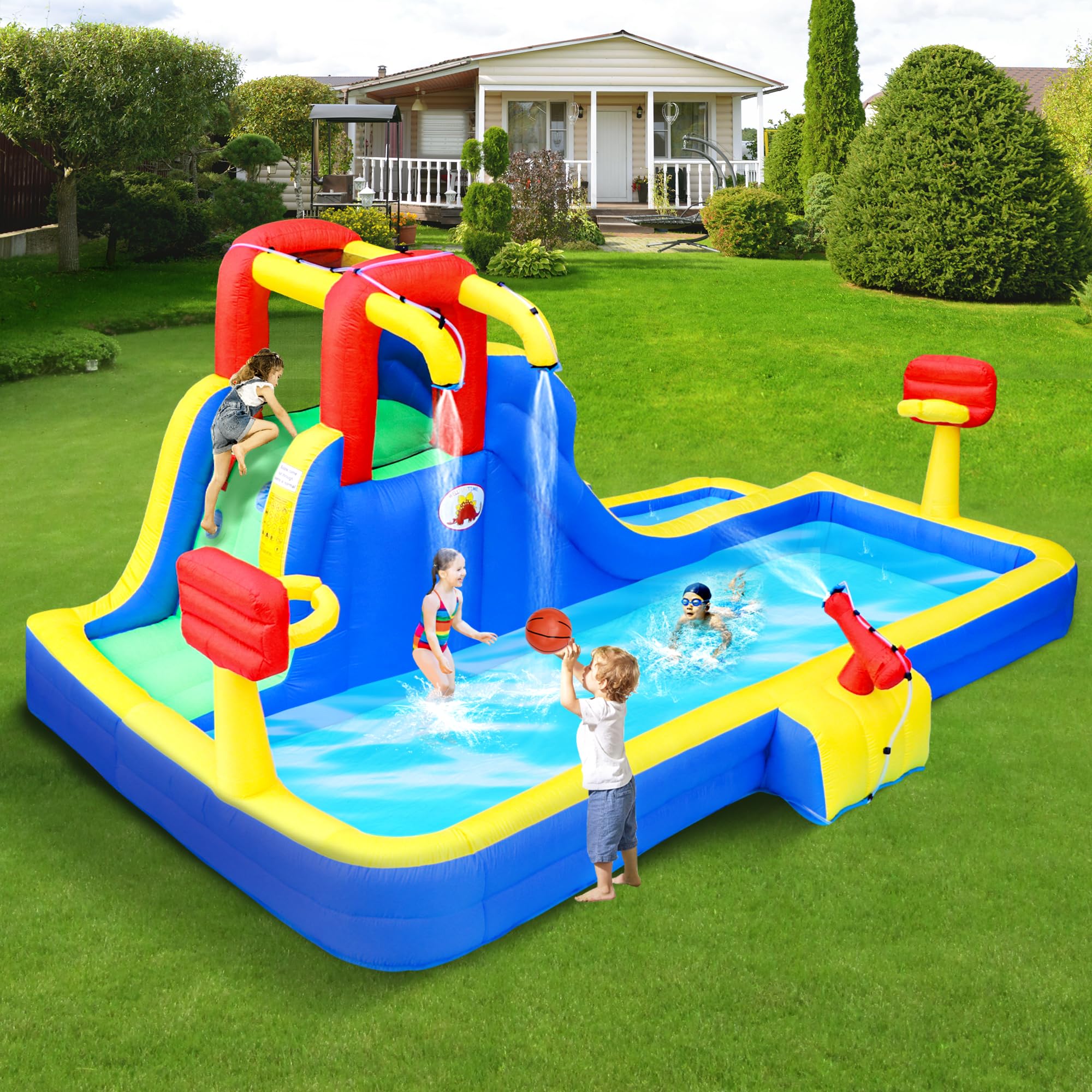 WELLFUNTIME Inflatable Water Park with Blower, Bouncy Castle with Water Cannon and Double Basketball Rings